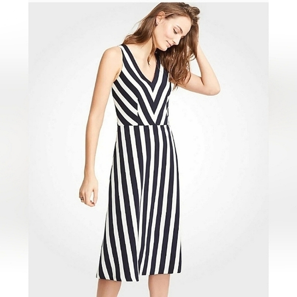 Ann Taylor Women's Navy & White Nautical Stripe Sleeveless Fit & Flare Dress 18T